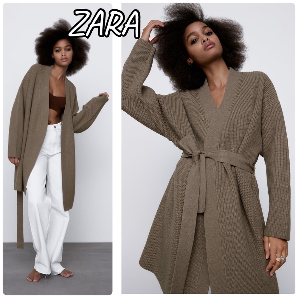 ZARA Beige Tan Long Knit Belted Front Duster Cardigan | Small